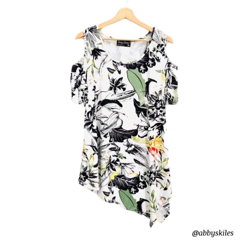 Tango Mango Tropical Print Asymmetrical Hemline Open Shoulder Tunic Size XL